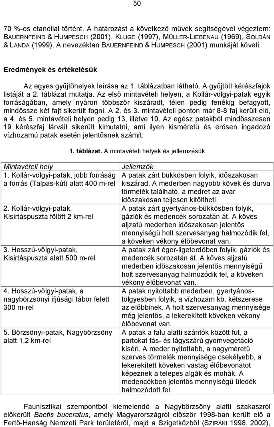 Az első mintavételi helyen, a Kollár-völgyi-patak egyik forráságában, amely nyáron többször kiszáradt, télen pedig fenékig befagyott, mindössze két fajt sikerült fogni. A 2. és 3.