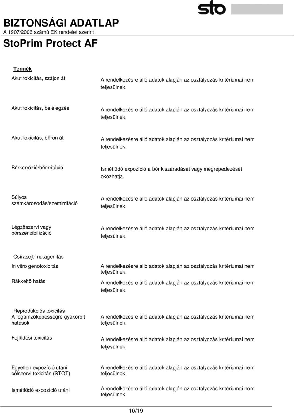 Súlyos szemkárosodás/szemirritáció Légzıszervi vagy bırszenzibilizáció Csírasejt-mutagenitás In vitro genotoxicitás