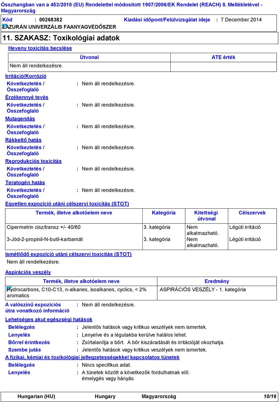 Összefoglaló Rákkeltő hatás Következtetés / Összefoglaló Reprodukciós toxicitás Következtetés / Összefoglaló Teratogén hatás Következtetés / Összefoglaló Egyetlen expozíció utáni célszervi toxicitás