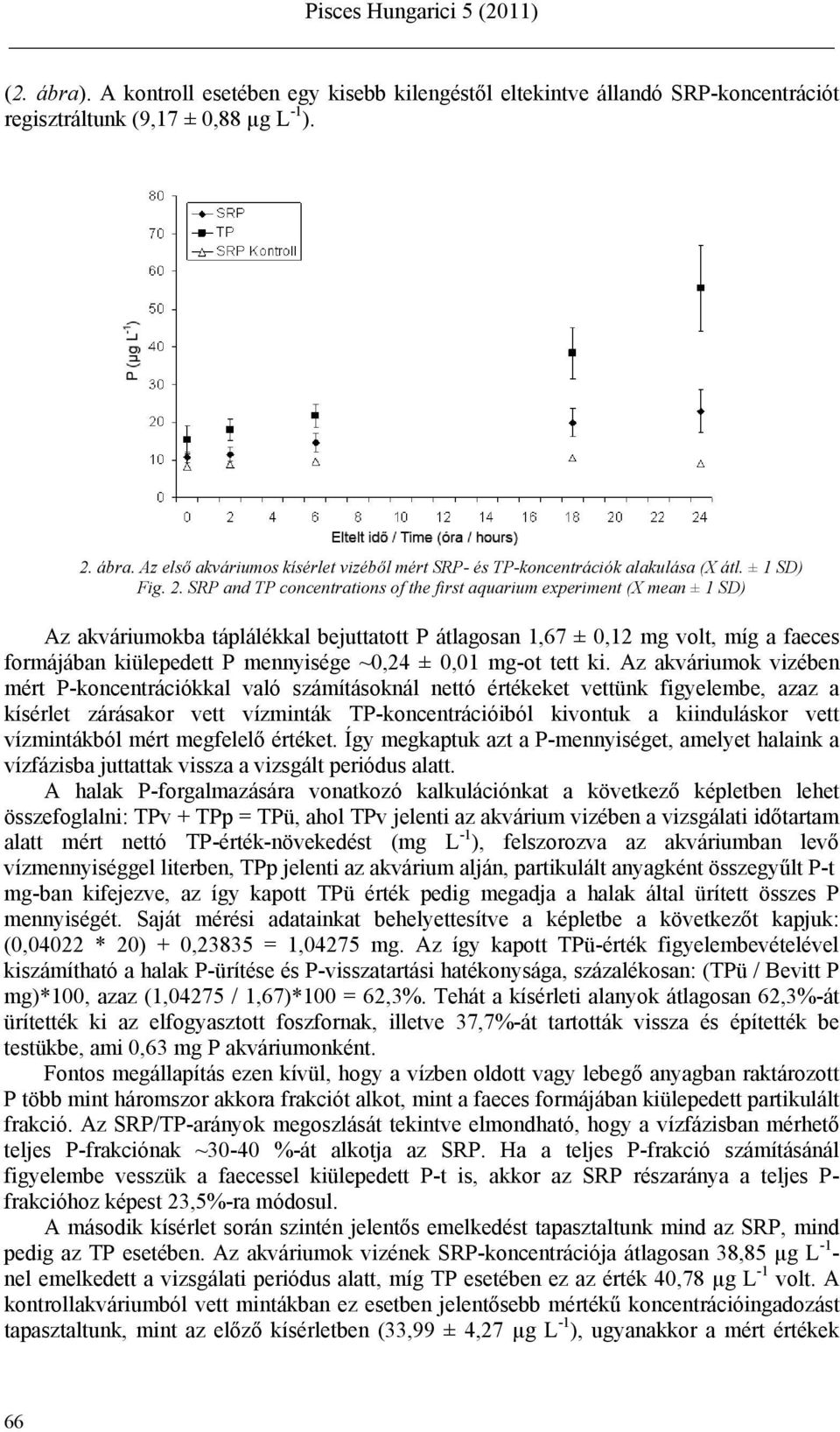 SRP and TP concentrations of the first aquarium experiment (X mean ± 1 SD) Az akváriumokba táplálékkal bejuttatott P átlagosan 1,67 ± 0,12 mg volt, míg a faeces formájában kiülepedett P mennyisége