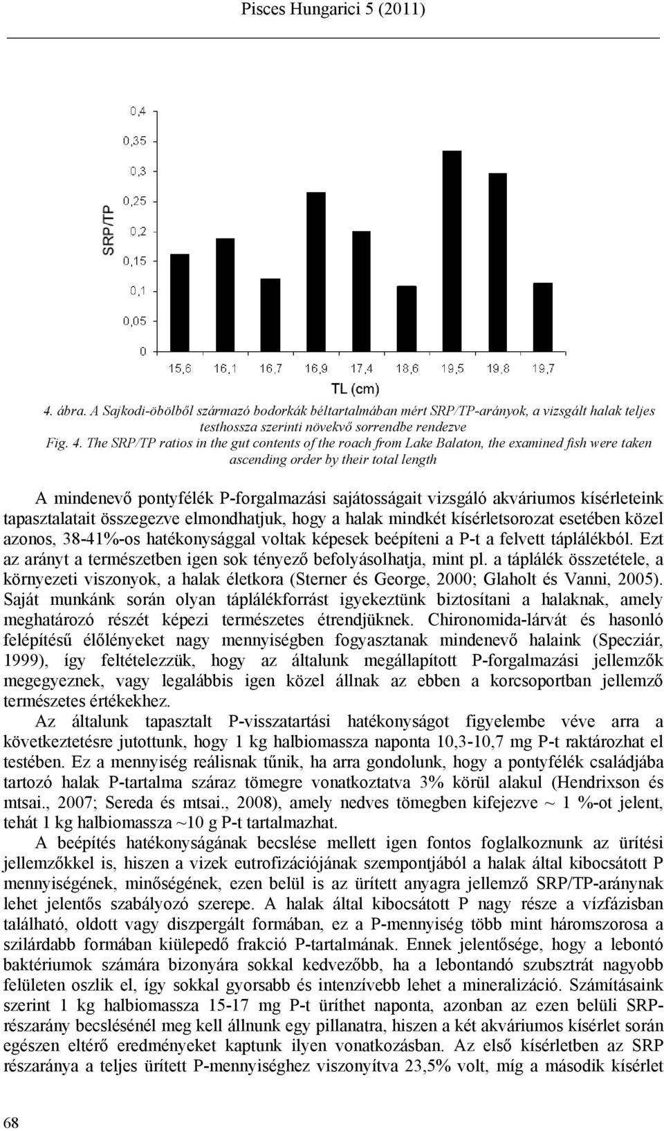 akváriumos kísérleteink tapasztalatait összegezve elmondhatjuk, hogy a halak mindkét kísérletsorozat esetében közel azonos, 38-41%-os hatékonysággal voltak képesek beépíteni a P-t a felvett