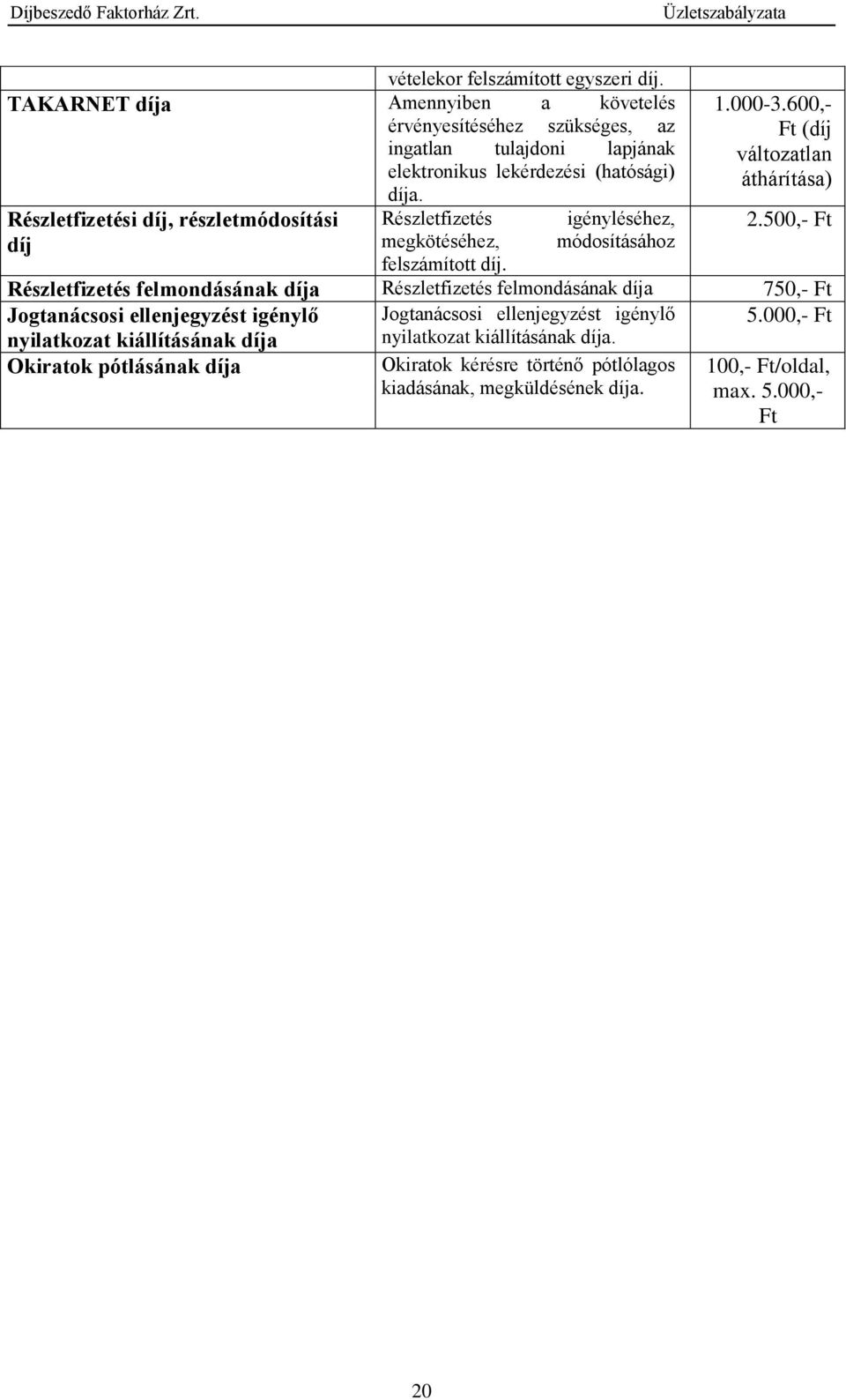 500,- Ft Részletfizetés felmondásának díja Részletfizetés felmondásának díja 750,- Ft Jogtanácsosi ellenjegyzést igénylő Jogtanácsosi ellenjegyzést igénylő 5.