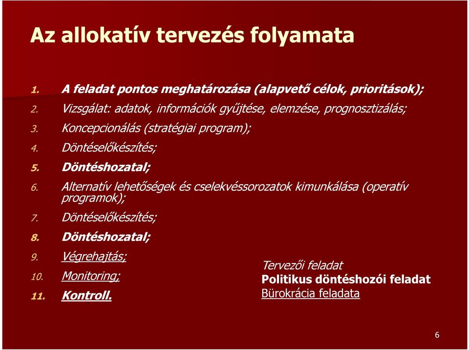 Döntéselőkészítés; 5. Döntéshozatal; 6. Alternatív lehetőségek és cselekvéssorozatok kimunkálása (operatív programok); 7.