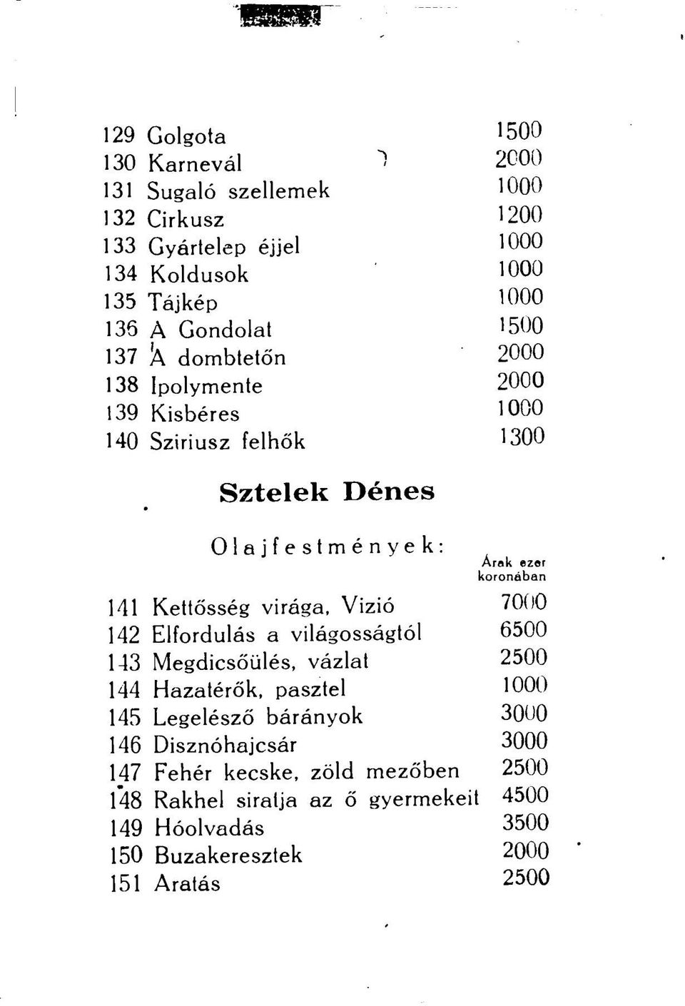 141 Kettősség virága, Vizió 7000 142 Elfordulás a világosságtól 6500 143 Megdicsőülés, vázlat 2500 144 Hazatérők, pasztel 1000 145 Legelésző bárányok