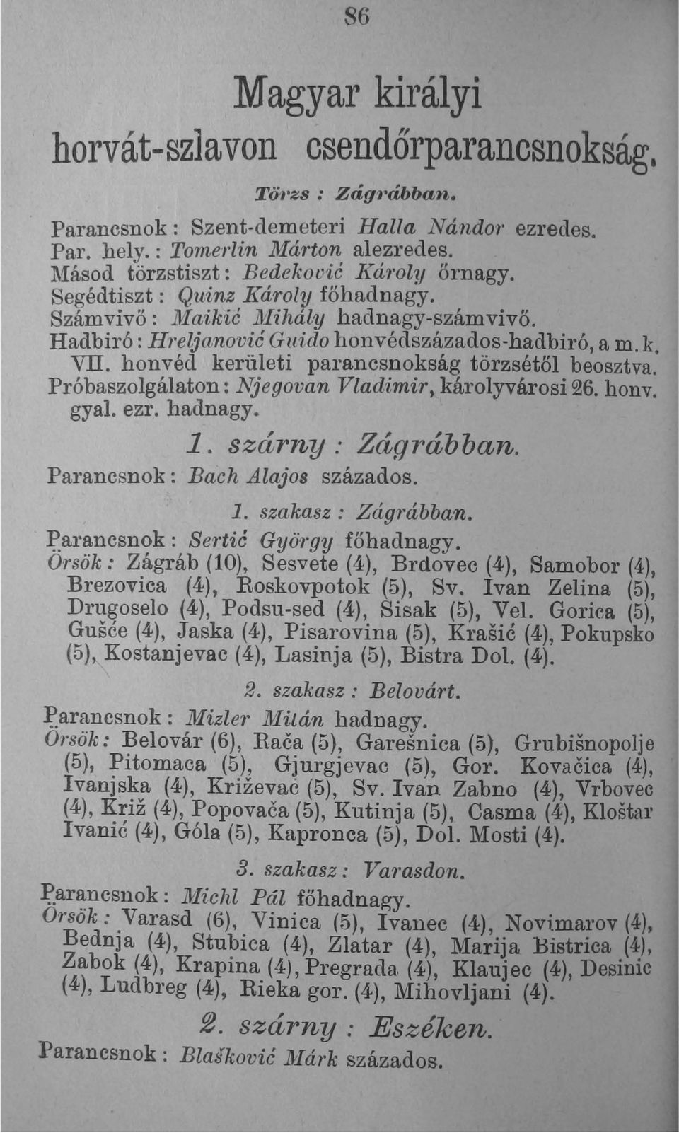 honvéd kerületi parancsnokság törzsétől beosztva, Próbaszolgálaton: Njegovan Vladimir, károlyvárosi 6. honv. gyal. ezr. hadnagy. 1. szárny,' Zágrábban. Parancsnok: Bach Alajos százados. 1. szakasz: Zágrábban.