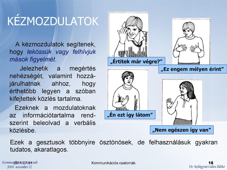 tartalma. Ezeknek a mozdulatoknak az információtartalma rendszerint beleolvad a verbális közlésbe. Értitek már végre?