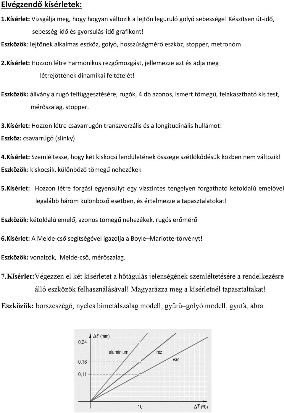 Eszközök: állvány a rugó felfüggesztésére, rugók, 4 db azonos, ismert tömegű, felakasztható kis test, mérőszalag, stopper. 3.