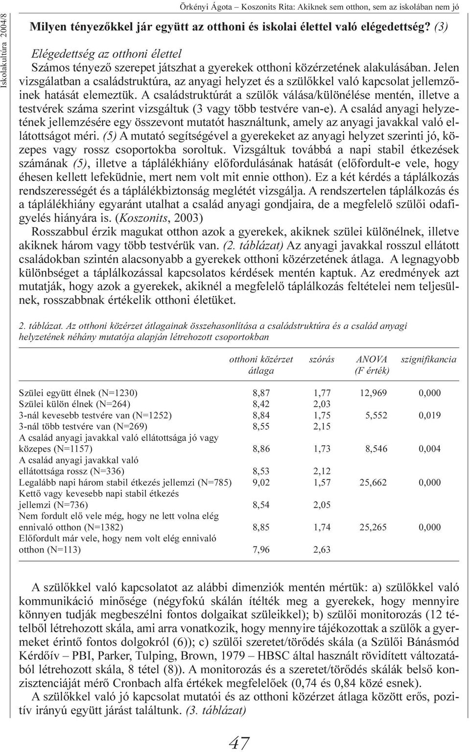 Jelen vizsgálatban a családstruktúra, az anyagi helyzet és a szülõkkel való kapcsolat jellemzõinek hatását elemeztük.