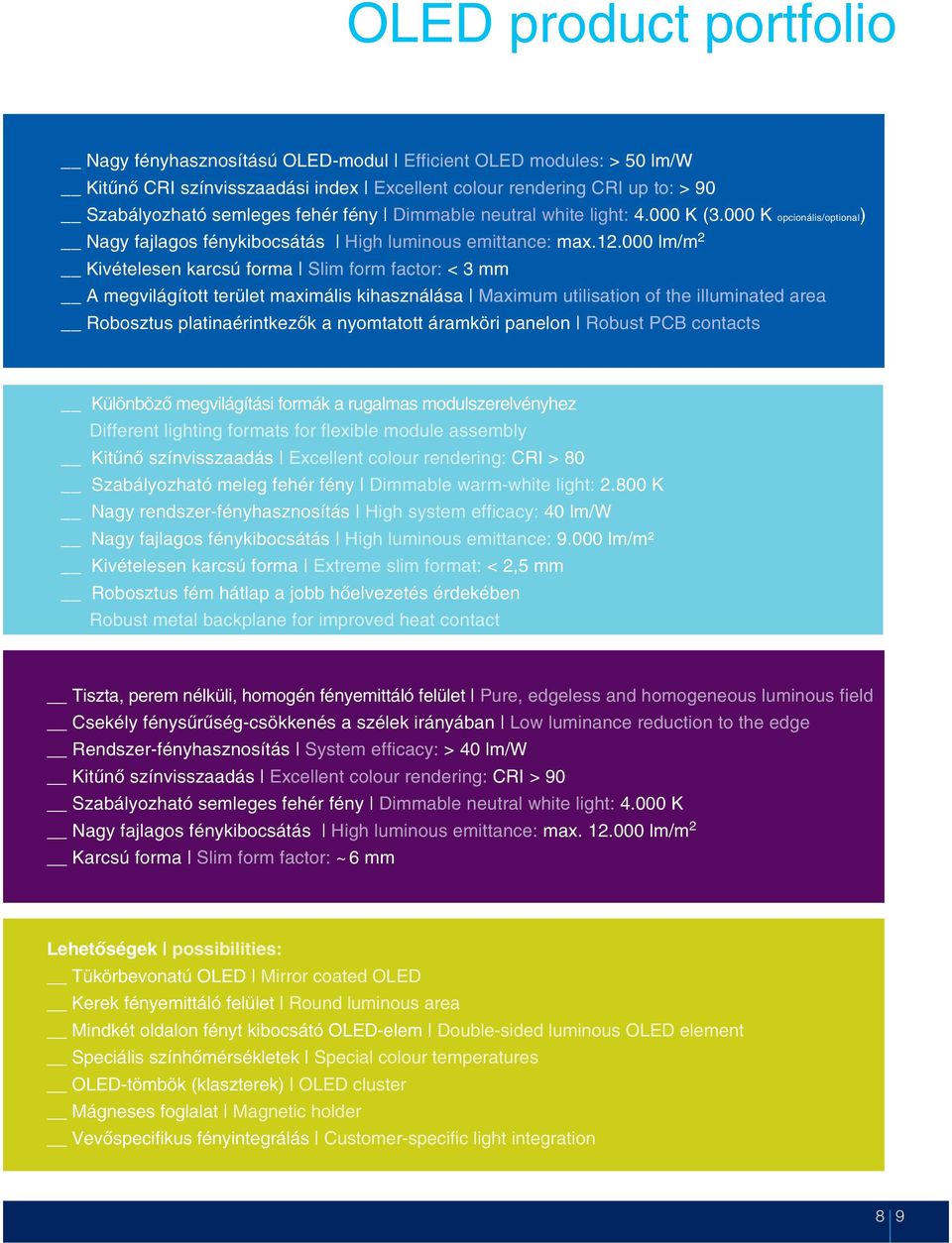 000 lm/m 2 Kivételesen karcsú forma Slim form factor: < 3 mm A megvilágított terület maximális kihasználása Maximum utilisation of the illuminated area Robosztus platinaérintkezõk a nyomtatott