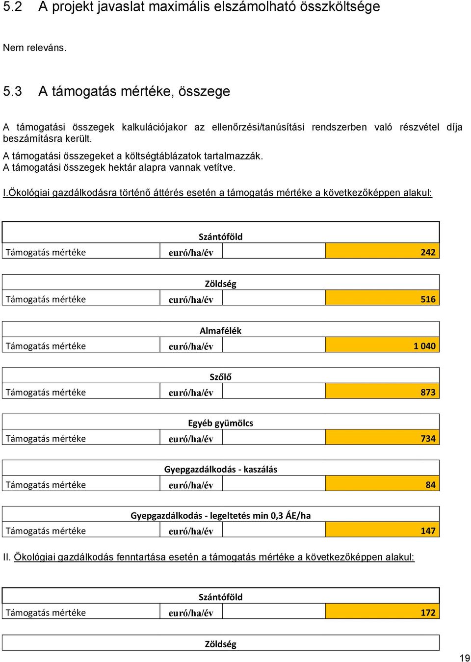 A támogatási összegeket a költségtáblázatok tartalmazzák. A támogatási összegek hektár alapra vannak vetítve. I.