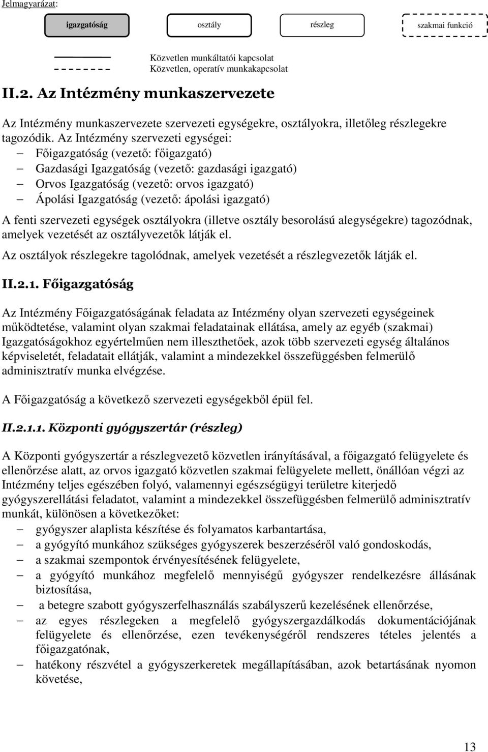 Az Intézmény szervezeti egységei: Főigazgatóság (vezető: főigazgató) Gazdasági Igazgatóság (vezető: gazdasági igazgató) Orvos Igazgatóság (vezető: orvos igazgató) Ápolási Igazgatóság (vezető: ápolási