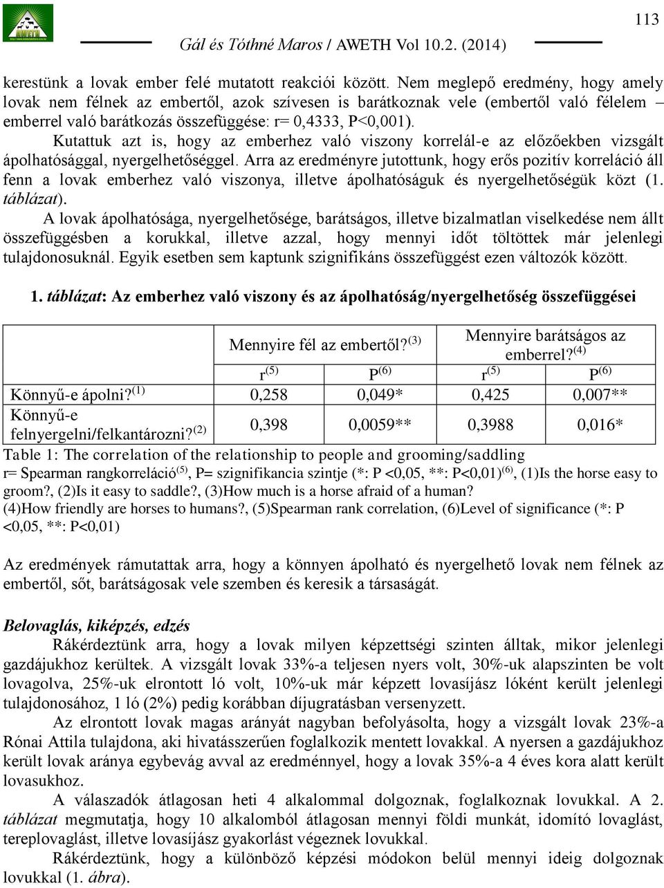Kutattuk azt is, hogy az emberhez való viszony korrelál-e az előzőekben vizsgált ápolhatósággal, nyergelhetőséggel.