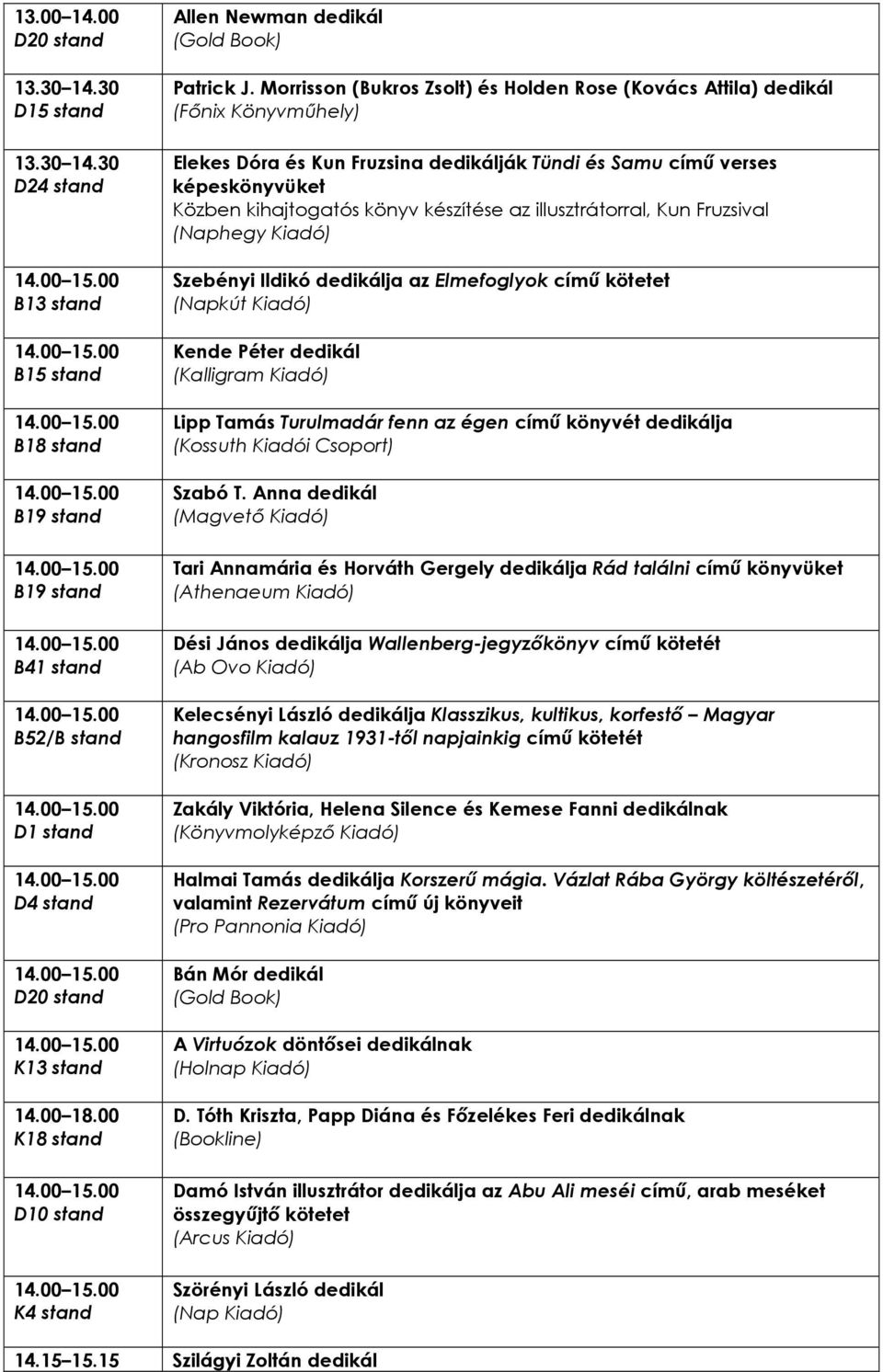 Morrisson (Bukros Zsolt) és Holden Rose (Kovács Attila) dedikál (Fınix Könyvmőhely) Elekes Dóra és Kun Fruzsina dedikálják Tündi és Samu címő verses képeskönyvüket Közben kihajtogatós könyv készítése