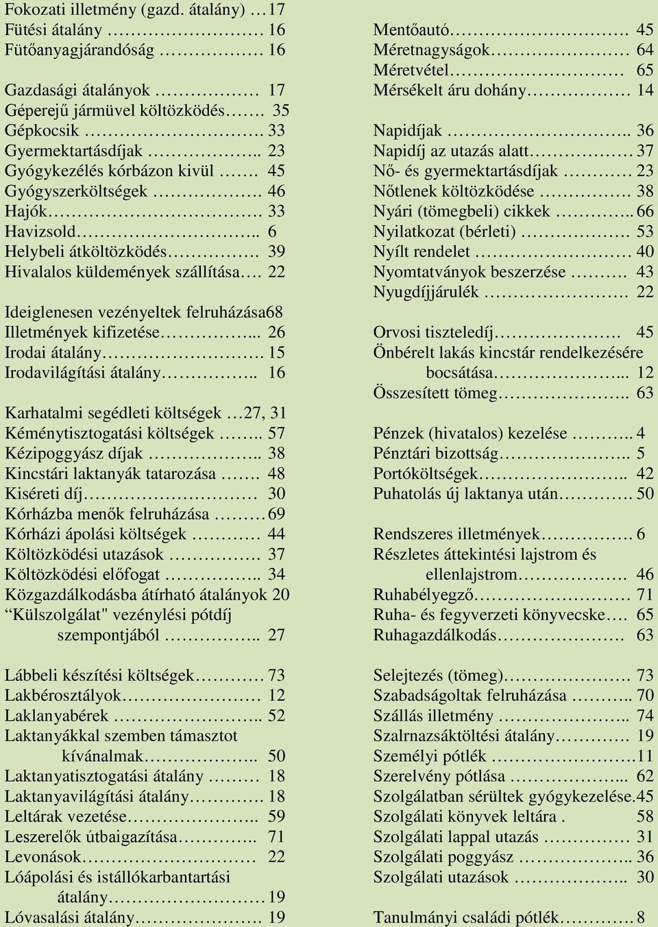 22 Ideiglenesen vezényeltek felruházása68 Illetmények kifizetése... 26 Irodai átalány. 15 Irodavilágítási átalány.. 16 Karhatalmi segédleti költségek 27, 31 Kéménytisztogatási költségek.