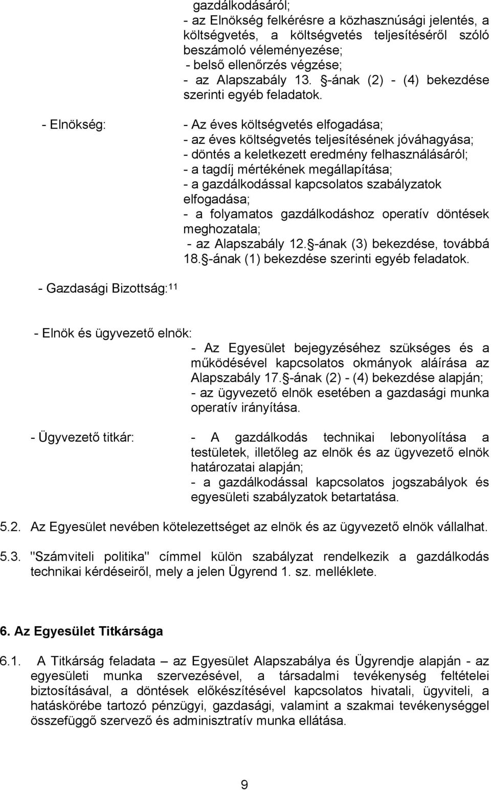 - Elnökség: - Az éves költségvetés elfogadása; - az éves költségvetés teljesítésének jóváhagyása; - döntés a keletkezett eredmény felhasználásáról; - a tagdíj mértékének megállapítása; - a