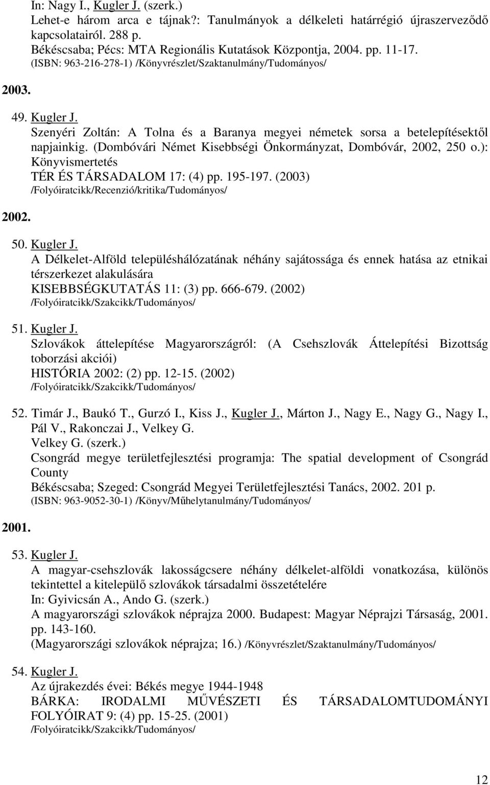 (Dombóvári Német Kisebbségi Önkormányzat, Dombóvár, 2002, 250 o.): Könyvismertetés TÉR ÉS TÁRSADALOM 17: (4) pp. 195-197. (2003) 2002. 50. Kugler J.