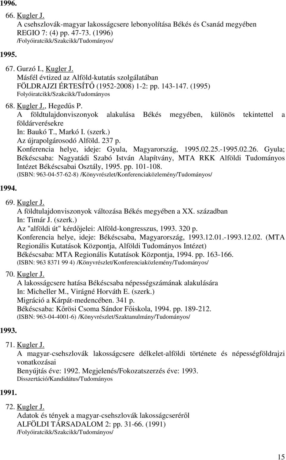 A földtulajdonviszonyok alakulása Békés megyében, különös tekintettel a földárverésekre In: Baukó T., Markó I. (szerk.) Az újrapolgárosodó Alföld. 237 p.