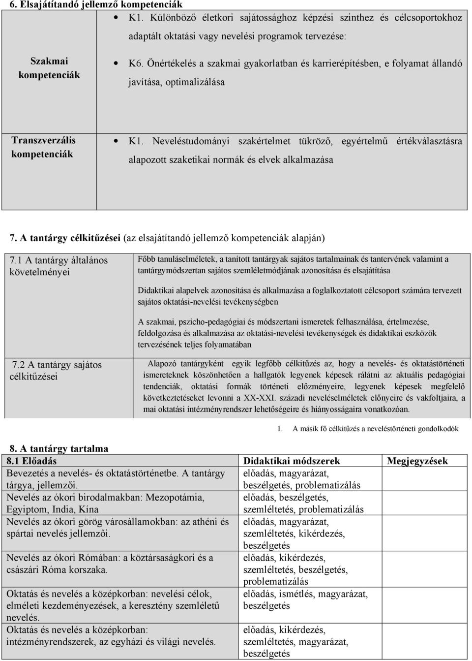 Neveléstudományi szakértelmet tükröző, egyértelmű értékválasztásra alapozott szaketikai normák és elvek alkalmazása 7. A tantárgy célkitűzései (az elsajátítandó jellemző kompetenciák alapján) 7.