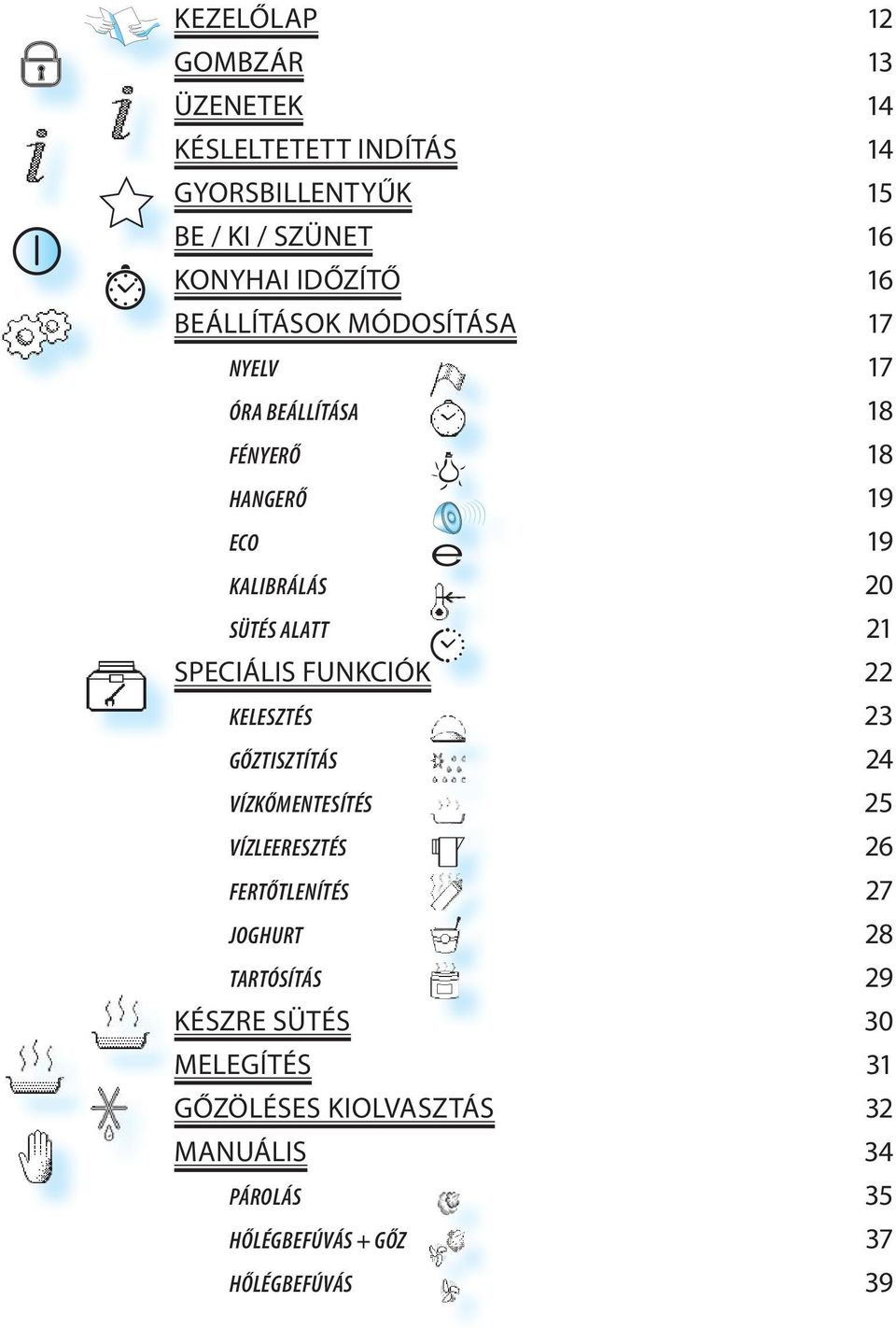 SPECIÁLIS FUNKCIÓK 22 KELESZTÉS 23 GŐZTISZTÍTÁS 24 VÍZKŐMENTESÍTÉS 25 VÍZLEERESZTÉS 26 FERTŐTLENÍTÉS 27 JOGHURT 28