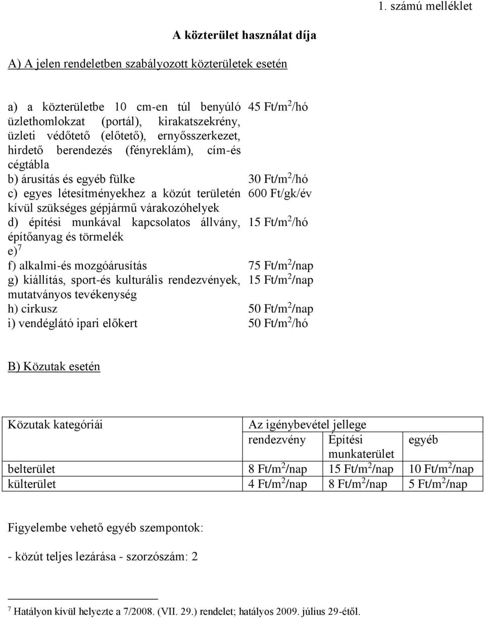 szükséges gépjármű várakozóhelyek d) építési munkával kapcsolatos állvány, 15 Ft/m 2 /hó építőanyag és törmelék e) 7 f) alkalmi-és mozgóárusítás 75 Ft/m 2 /nap g) kiállítás, sport-és kulturális