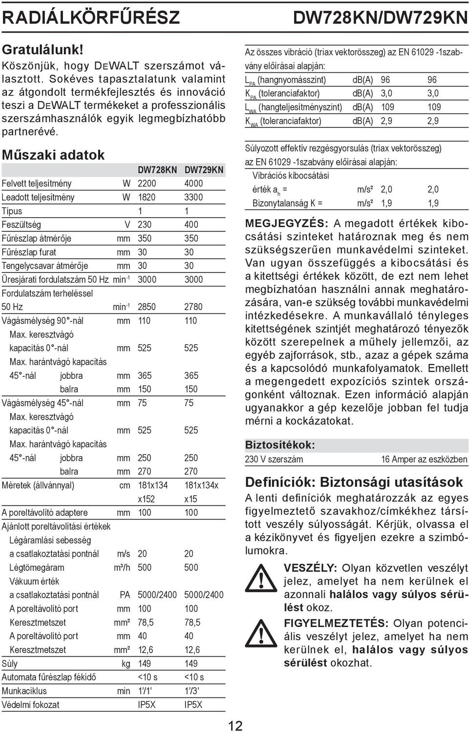 Műszaki adatok DW728KN DW729KN Felvett teljesítmény W 2200 4000 Leadott teljesítmény W 1820 3300 Típus 1 1 Feszültség V 230 400 Fűrészlap átmérője mm 350 350 Fűrészlap furat mm 30 30 Tengelycsavar