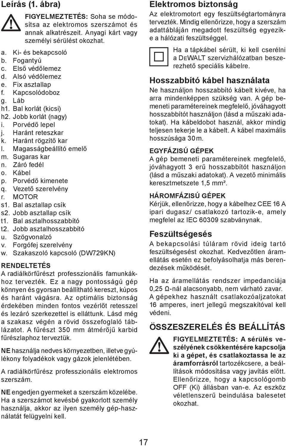 Sugaras kar n. Záró fedél o. Kábel p. Porvédő kimenete q. Vezető szerelvény r. MOTOR s1. Bal asztallap csík s2. Jobb asztallap csík t1. Bal asztalhosszabbító t2. Jobb asztalhosszabbító u.