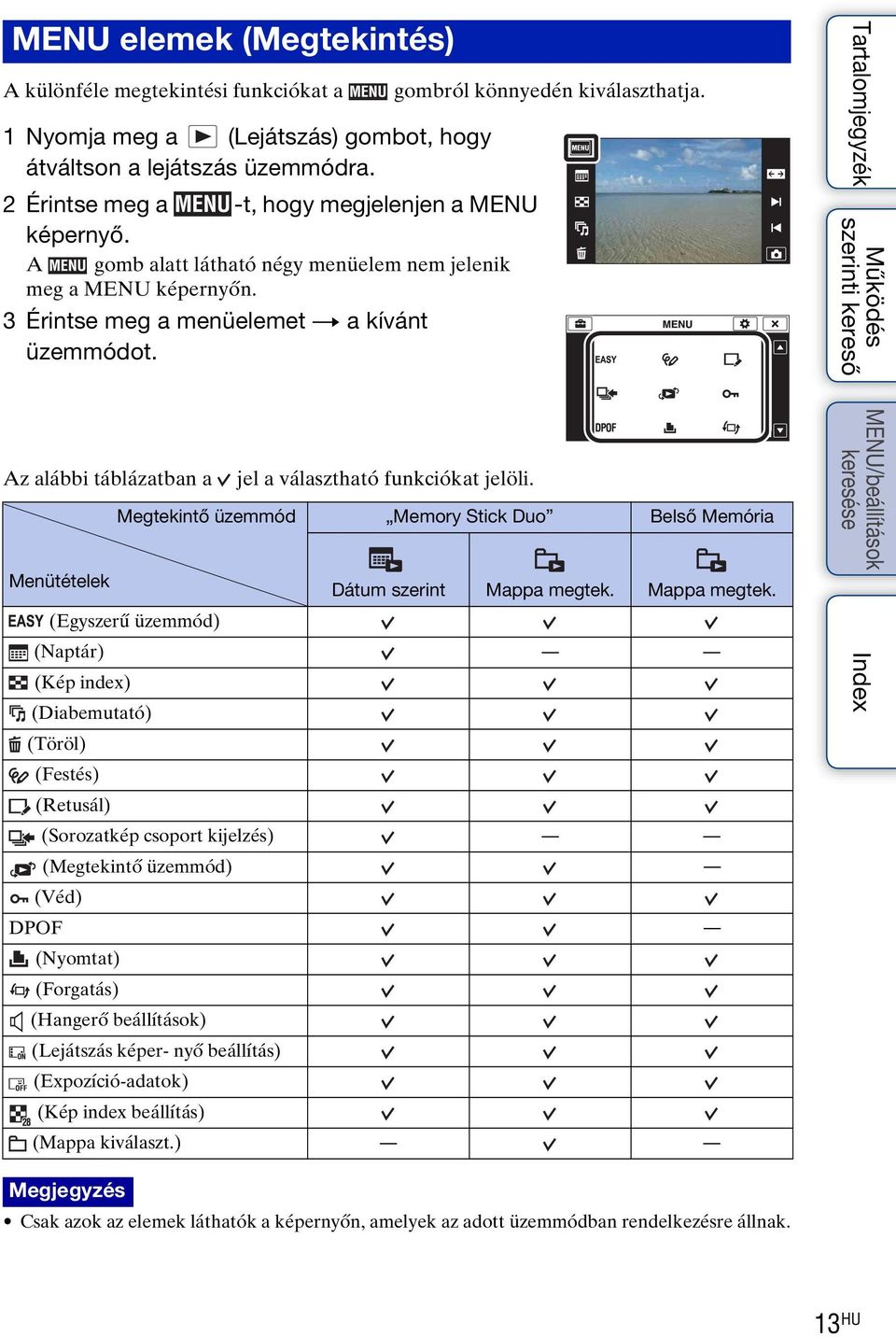 Az alábbi táblázatban a jel a választható funkciókat jelöli. Megtekintő üzemmód Memory Stick Duo Belső Memória Menütételek Dátum szerint Mappa megtek.