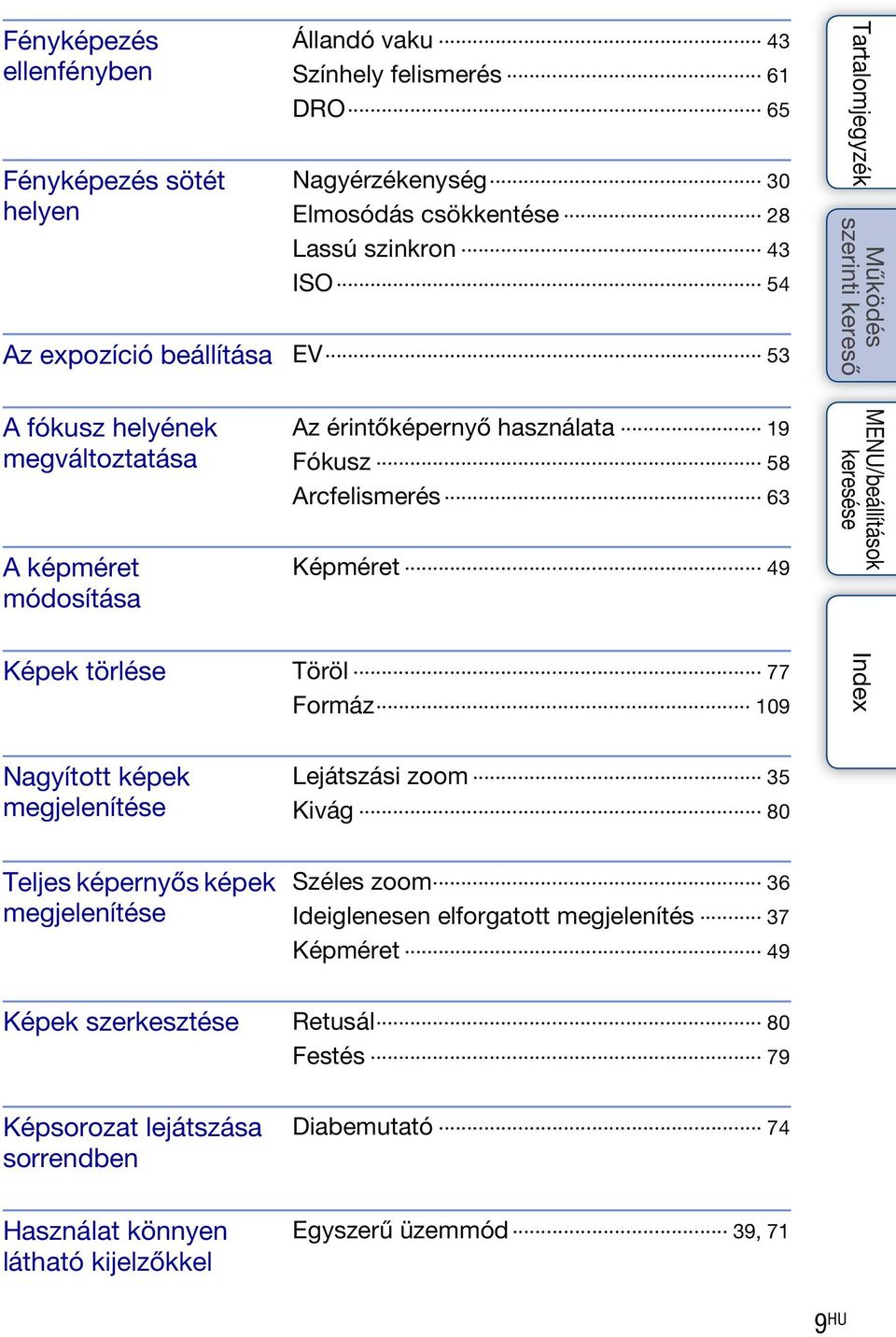 Töröl 77 Formáz 109 Nagyított képek megjelenítése Lejátszási zoom 35 Kivág 80 Teljes képernyős képek megjelenítése Széles zoom 36 Ideiglenesen elforgatott megjelenítés