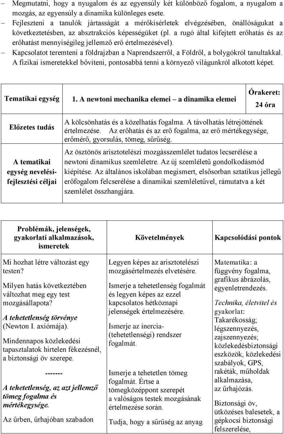 a rugó által kifejtett erőhatás és az erőhatást mennyiségileg jellemző erő értelmezésével). Kapcsolatot teremteni a földrajzban a Naprendszerről, a Földről, a bolygókról tanultakkal.