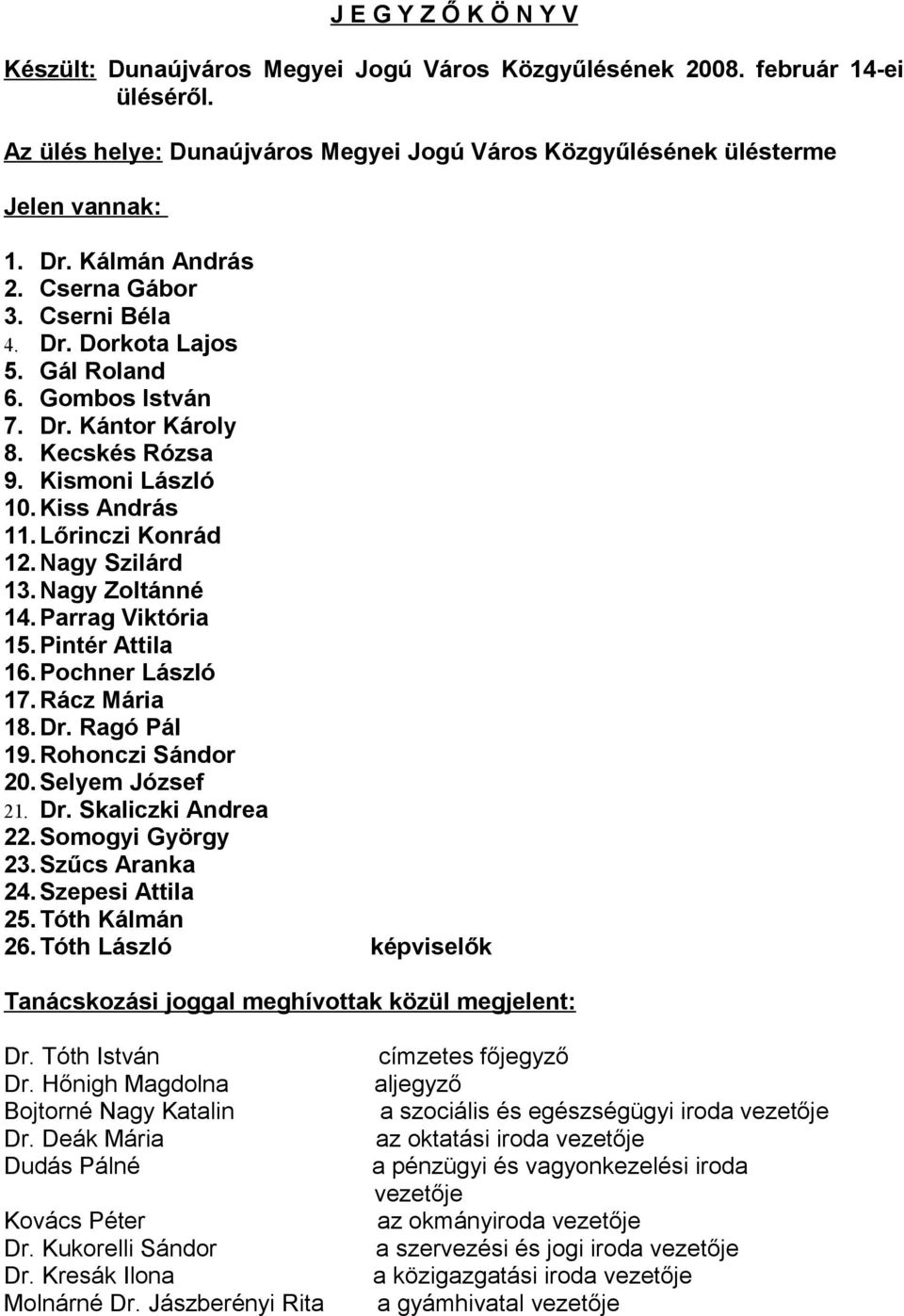 Nagy Szilárd 13. Nagy Zoltánné 14. Parrag Viktória 15. Pintér Attila 16. Pochner László 17. Rácz Mária 18.Dr. Ragó Pál 19. Rohonczi Sándor 20. Selyem József 21. Dr. Skaliczki Andrea 22.