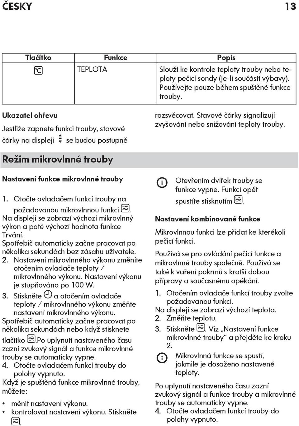 Režim mikrovlnné trouby Nastavení funkce mikrovlnné trouby 1. Otočte ovladačem funkcí trouby na požadovanou mikrovlnnou funkci.