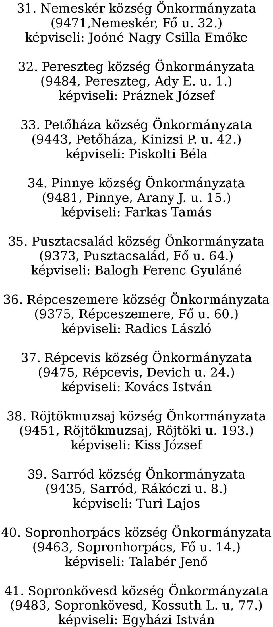 Pusztacsalád község Önkormányzata (9373, Pusztacsalád, Fő u. 64.) képviseli: Balogh Ferenc Gyuláné 36. Répceszemere község Önkormányzata (9375, Répceszemere, Fő u. 60.) képviseli: Radics László 37.