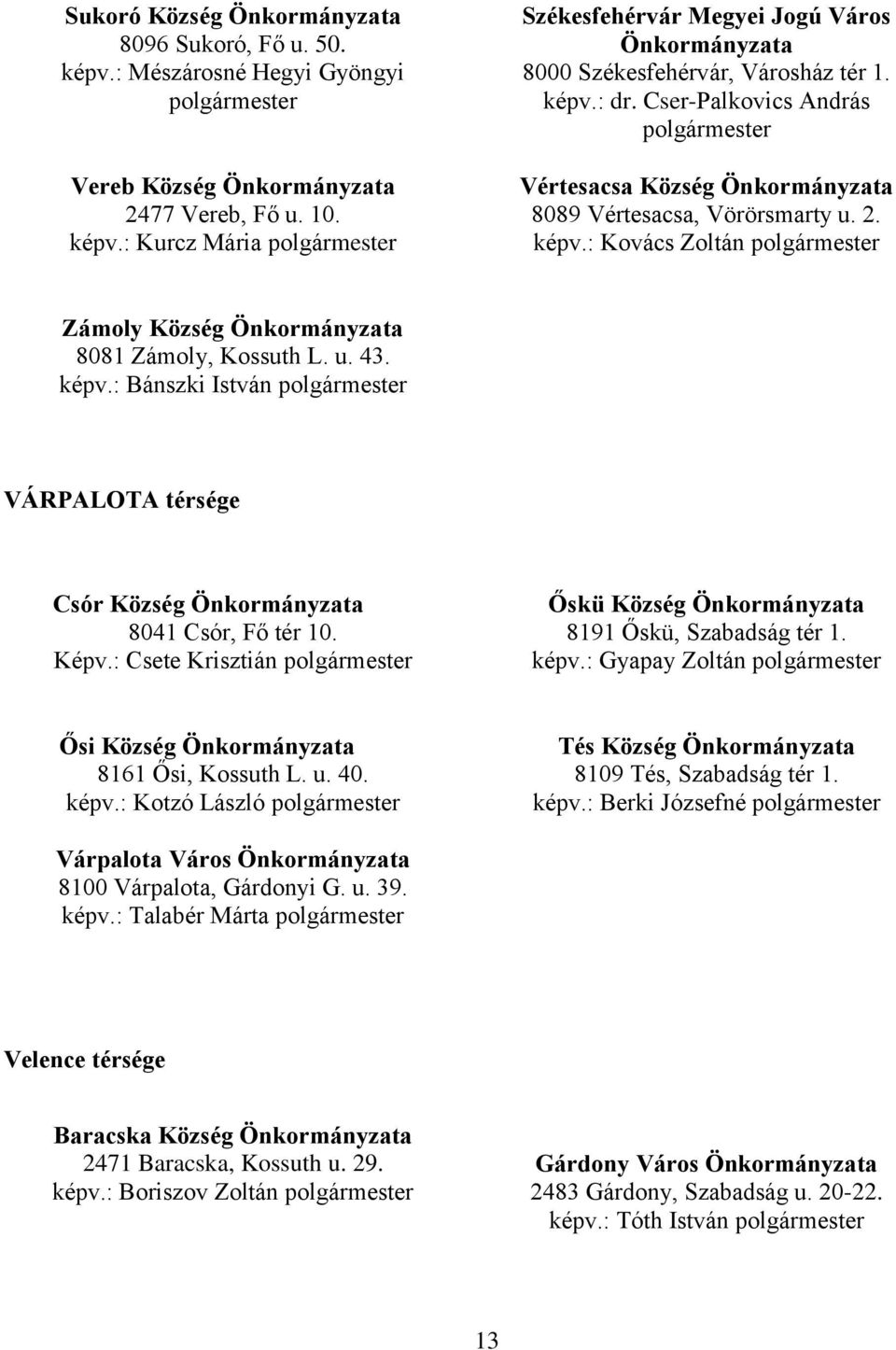 u. 43. képv.: Bánszki István polgármester VÁRPALOTA térsége Csór Község Önkormányzata 8041 Csór, Fő tér 10. Képv.: Csete Krisztián polgármester Őskü Község Önkormányzata 8191 Őskü, Szabadság tér 1.