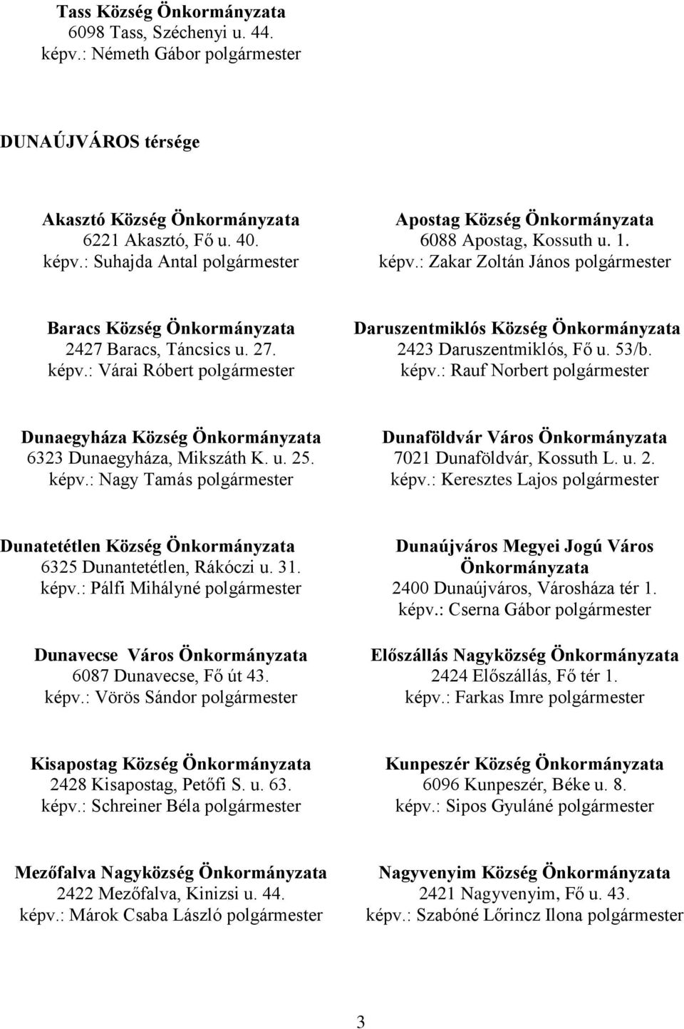 53/b. képv.: Rauf Norbert polgármester Dunaegyháza Község Önkormányzata 6323 Dunaegyháza, Mikszáth K. u. 25. képv.: Nagy Tamás polgármester Dunaföldvár Város Önkormányzata 7021 Dunaföldvár, Kossuth L.