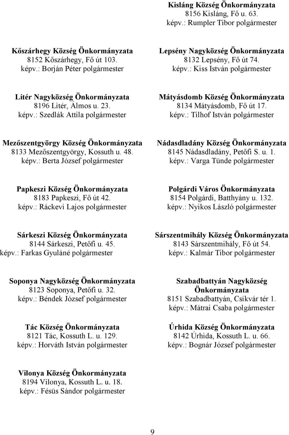 48. képv.: Berta József polgármester Nádasdladány Község Önkormányzata 8145 Nádasdladány, Petőfi S. u. 1. képv.: Varga Tünde polgármester Papkeszi Község Önkormányzata 8183 Papkeszi, Fő út 42. képv.: Ráckevi Lajos polgármester Polgárdi Város Önkormányzata 8154 Polgárdi, Batthyány u.