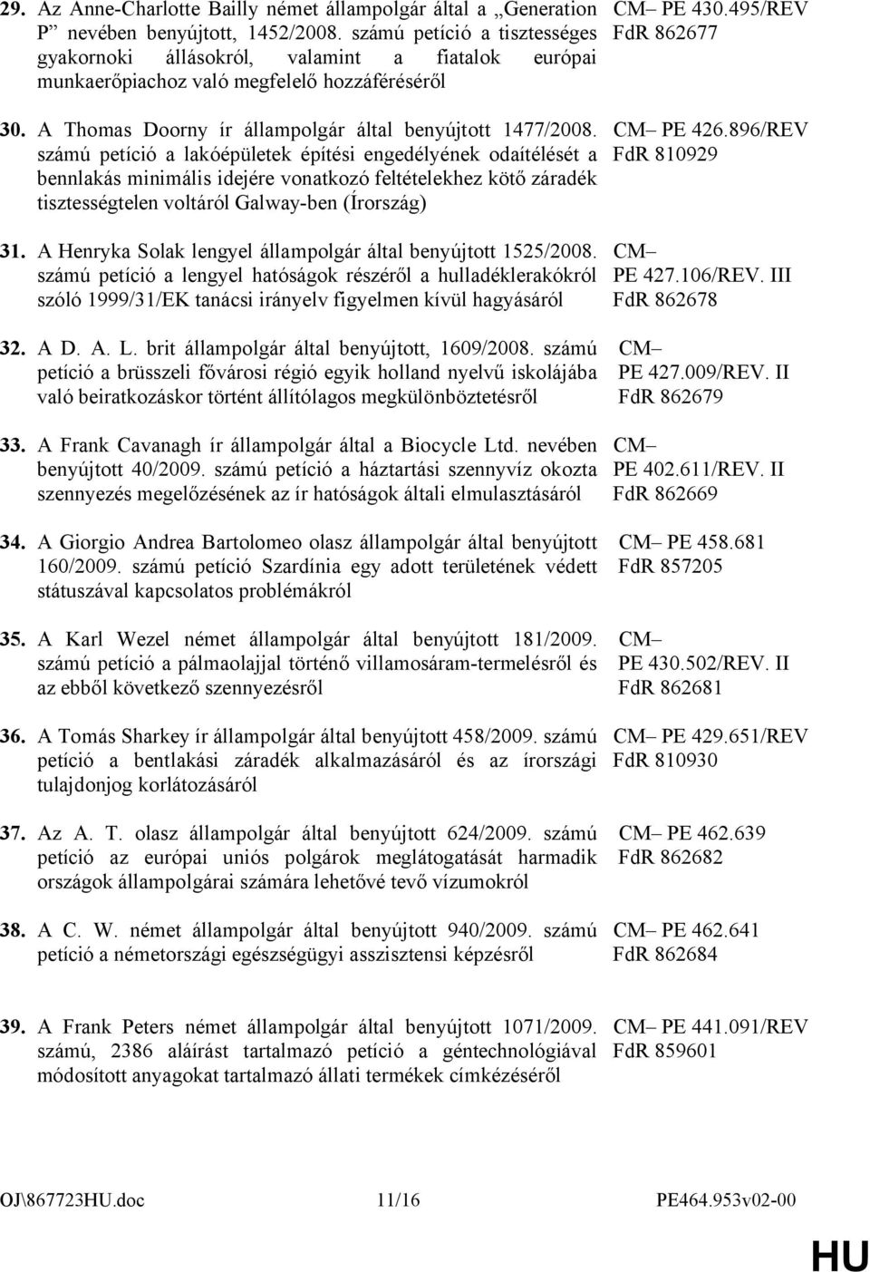 számú petíció a lakóépületek építési engedélyének odaítélését a bennlakás minimális idejére vonatkozó feltételekhez kötő záradék tisztességtelen voltáról Galway-ben (Írország) 31.
