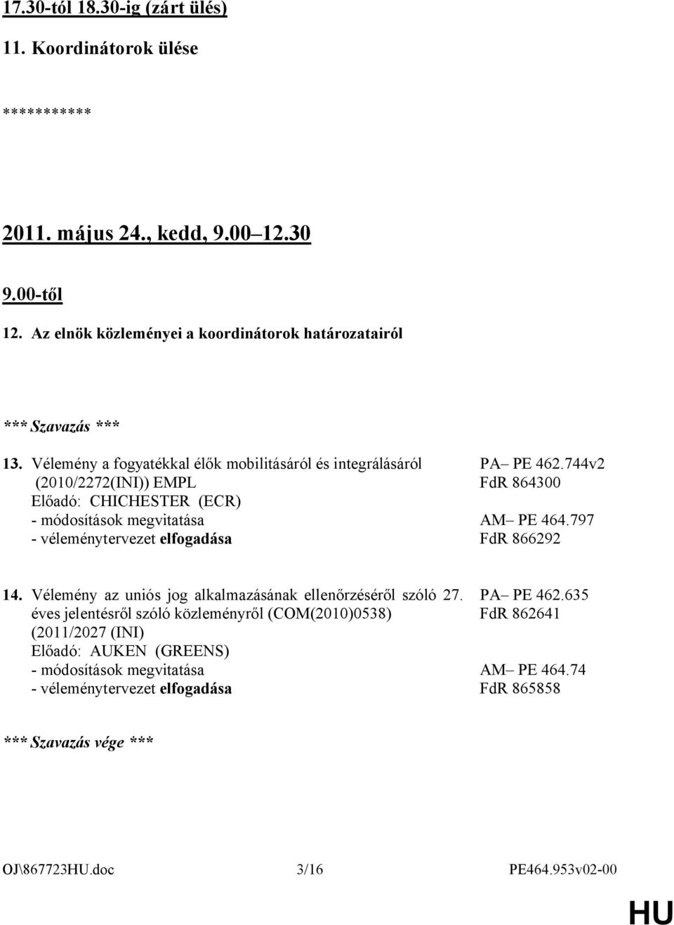 Vélemény a fogyatékkal élők mobilitásáról és integrálásáról (2010/2272(INI)) EMPL Előadó: CHICHESTER (ECR) - módosítások megvitatása - véleménytervezet elfogadása PA PE 462.