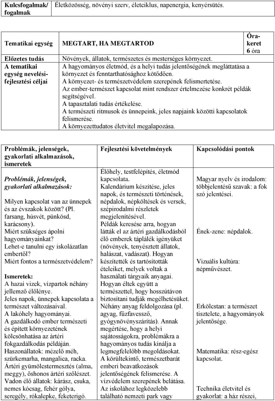 Az ember-természet kapcsolat mint rendszer értelmezése konkrét példák segítségével. A tapasztalati tudás értékelése. A természeti ritmusok és ünnepeink, jeles napjaink közötti kapcsolatok felismerése.