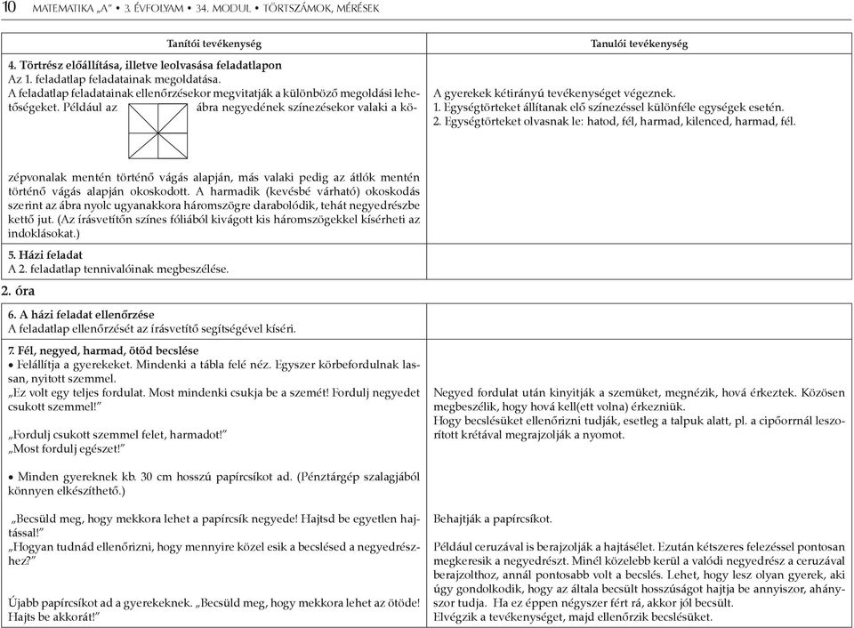 Törtrész előállítása, illetve leolvasása feladatlapon Az 1. feladatlap feladatainak megoldatása. A feladatlap feladatainak ellenőrzésekor megvitatják a különböző megoldási lehetőségeket.