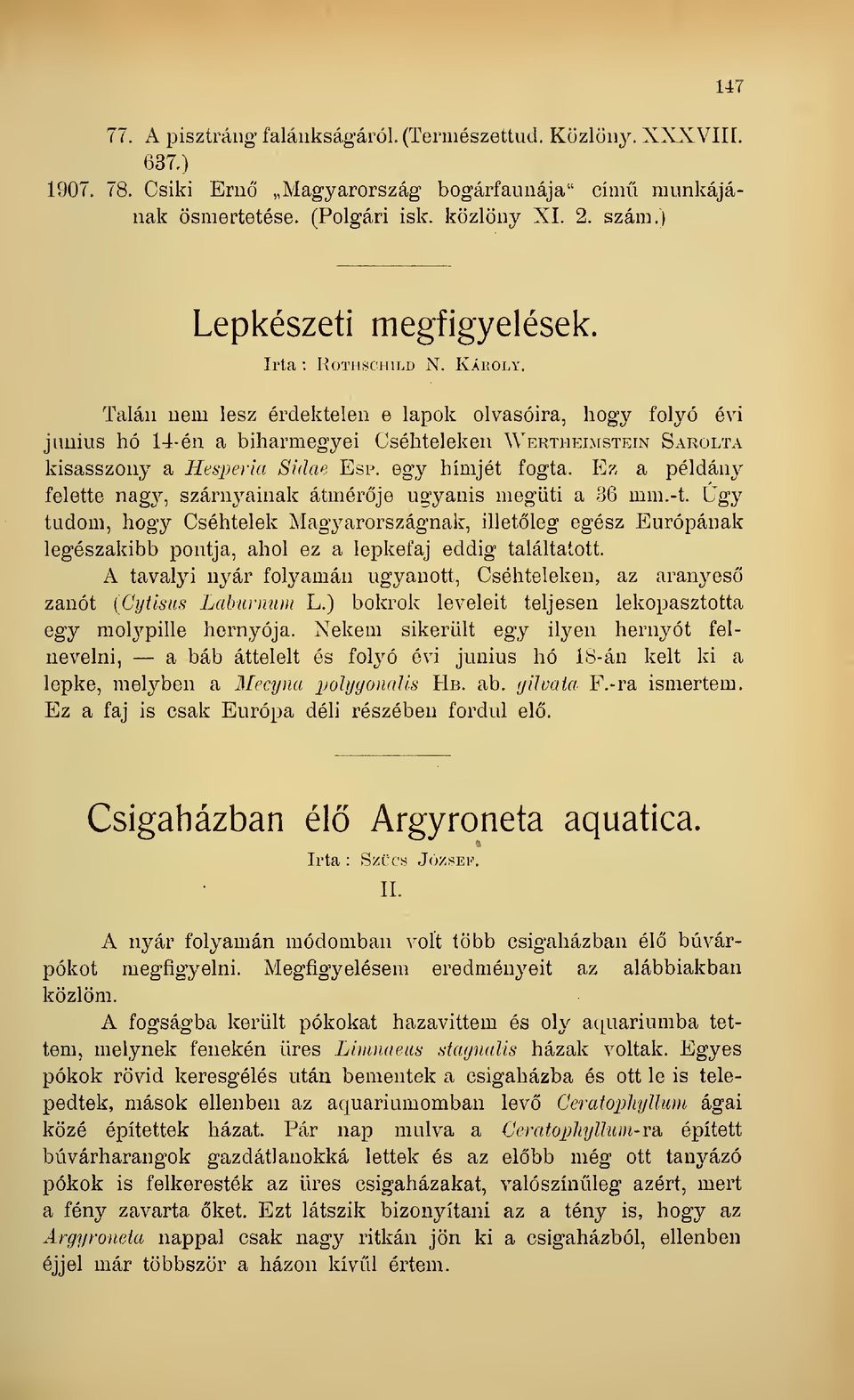 Talán nem lesz érdektelen e lapok olvasóira, hogy folyó évi június hó 14-én a biharmegyei Cséhteleken Wekthelmsticin Sarolta kisasszony a Hesperia Sidae Esp. egy hímjét fogta.