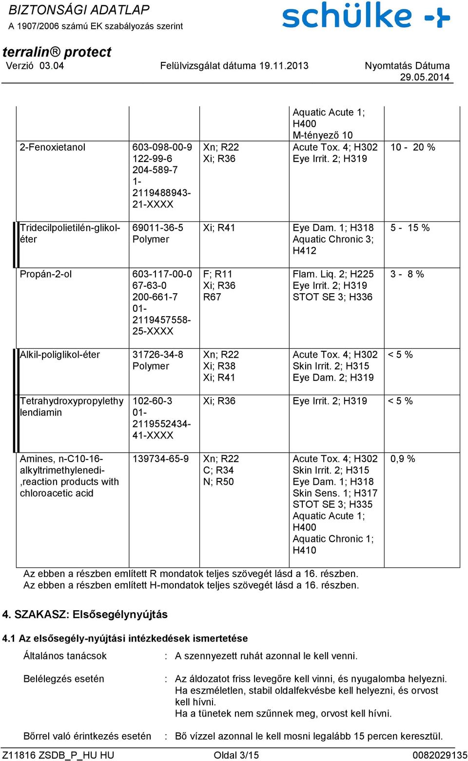 1; H318 Aquatic Chronic 3; H412 5-15 % Propán-2-ol 603-117-00-0 67-63-0 200-661-7 01-2119457558- 25-XXXX F; R11 Xi; R36 R67 Flam. Liq. 2; H225 Eye Irrit.