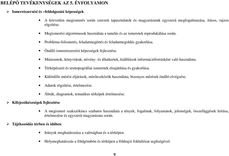 megfogalmazása, írásos, rajzos rögzítése. Megismerési algoritmusok használata a tanulás és az ismeretek reprodukálása során. Probléma-felismerés, feladatmegértés és feladatmegoldás gyakorlása.