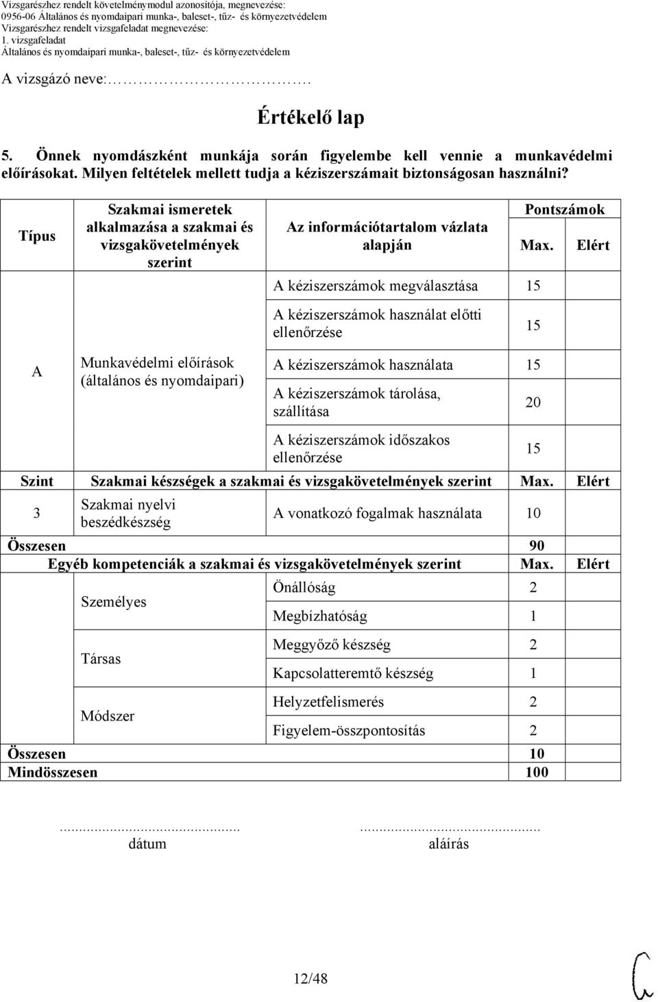 A kéziszerszámok megválasztása Elért A kéziszerszámok használat előtti ellenőrzése A Munkavédelmi előírások (általános és nyomdaipari) A kéziszerszámok használata A kéziszerszámok tárolása,