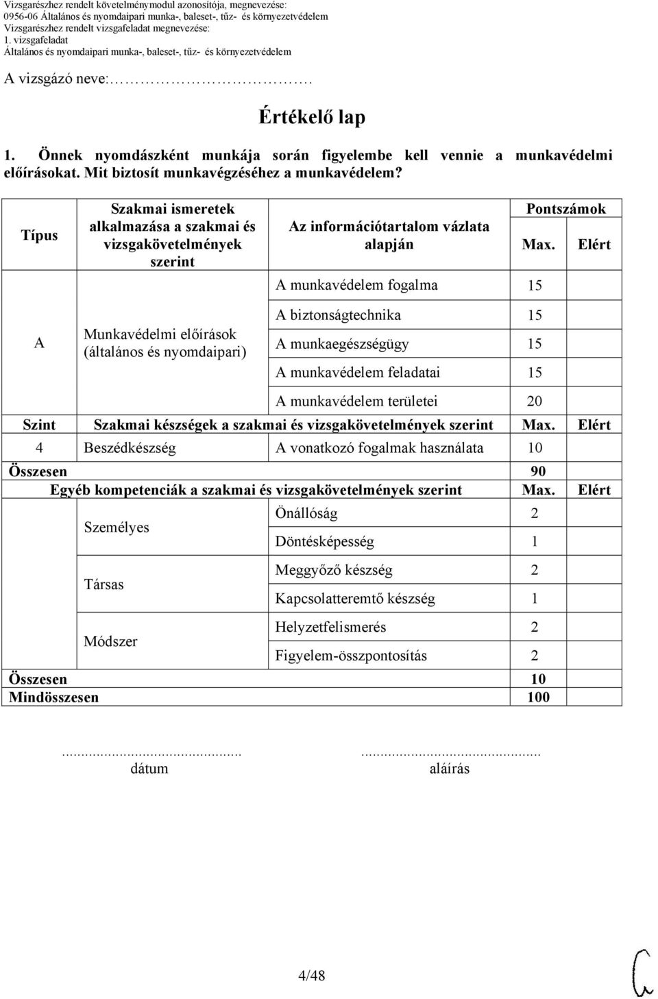 A munkavédelem fogalma A biztonságtechnika A munkaegészségügy A munkavédelem feladatai Elért A munkavédelem területei 20 Szint Szakmai készségek a szakmai és vizsgakövetelmények szerint Max.