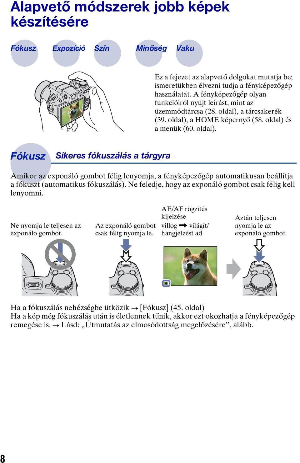 a tárcsakerék (39. oldal), a HOME képernyő (58. oldal) és a menük (60. oldal). Fókusz Sikeres fókuszálás a tárgyra Amikor az exponáló gombot félig lenyomja, a fényképezőgép automatikusan beállítja a fókuszt (automatikus fókuszálás).