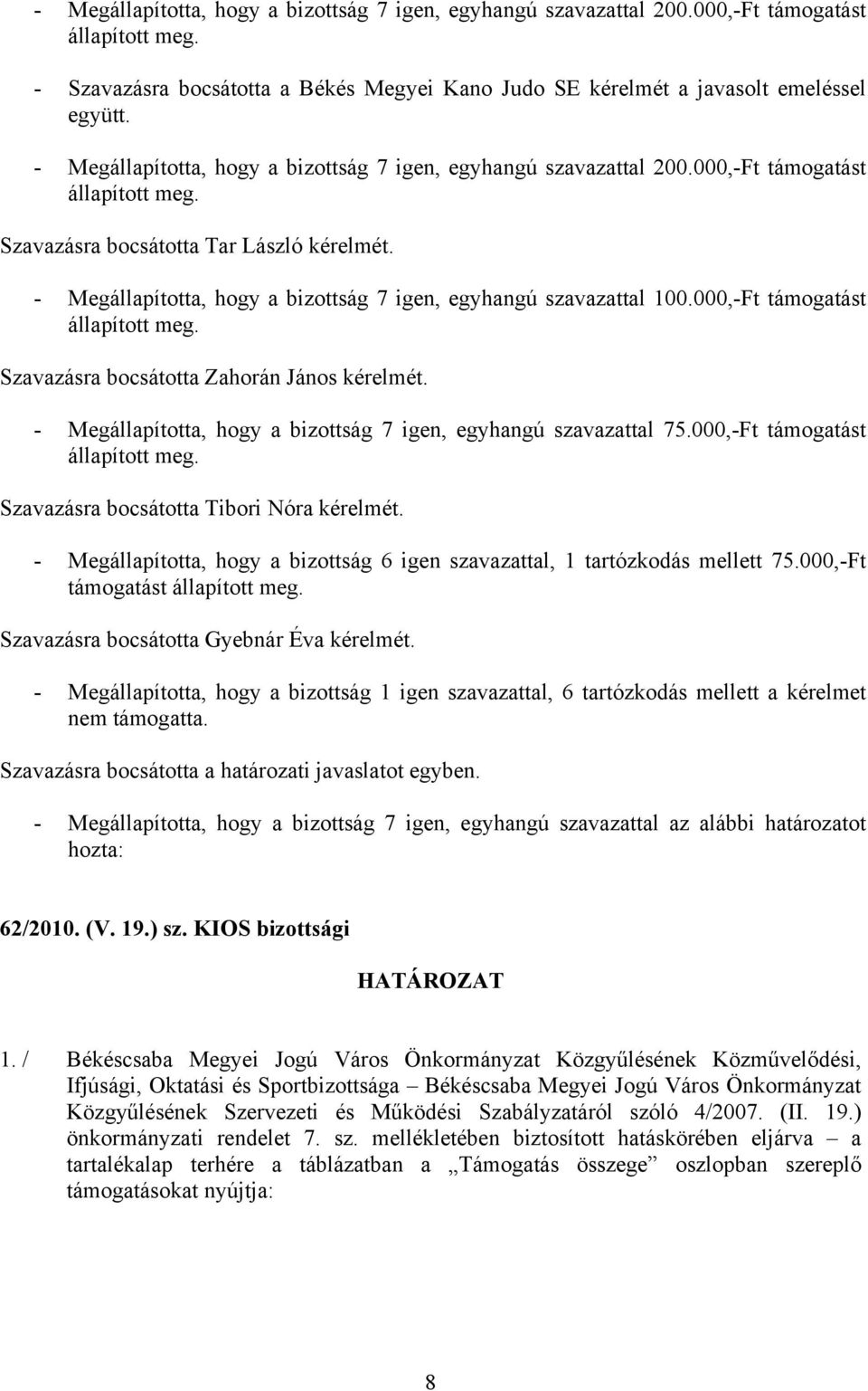 - Megállapította, hogy a bizottság 7 igen, egyhangú szavazattal 100.000,-Ft támogatást állapított meg. Szavazásra bocsátotta Zahorán János kérelmét.