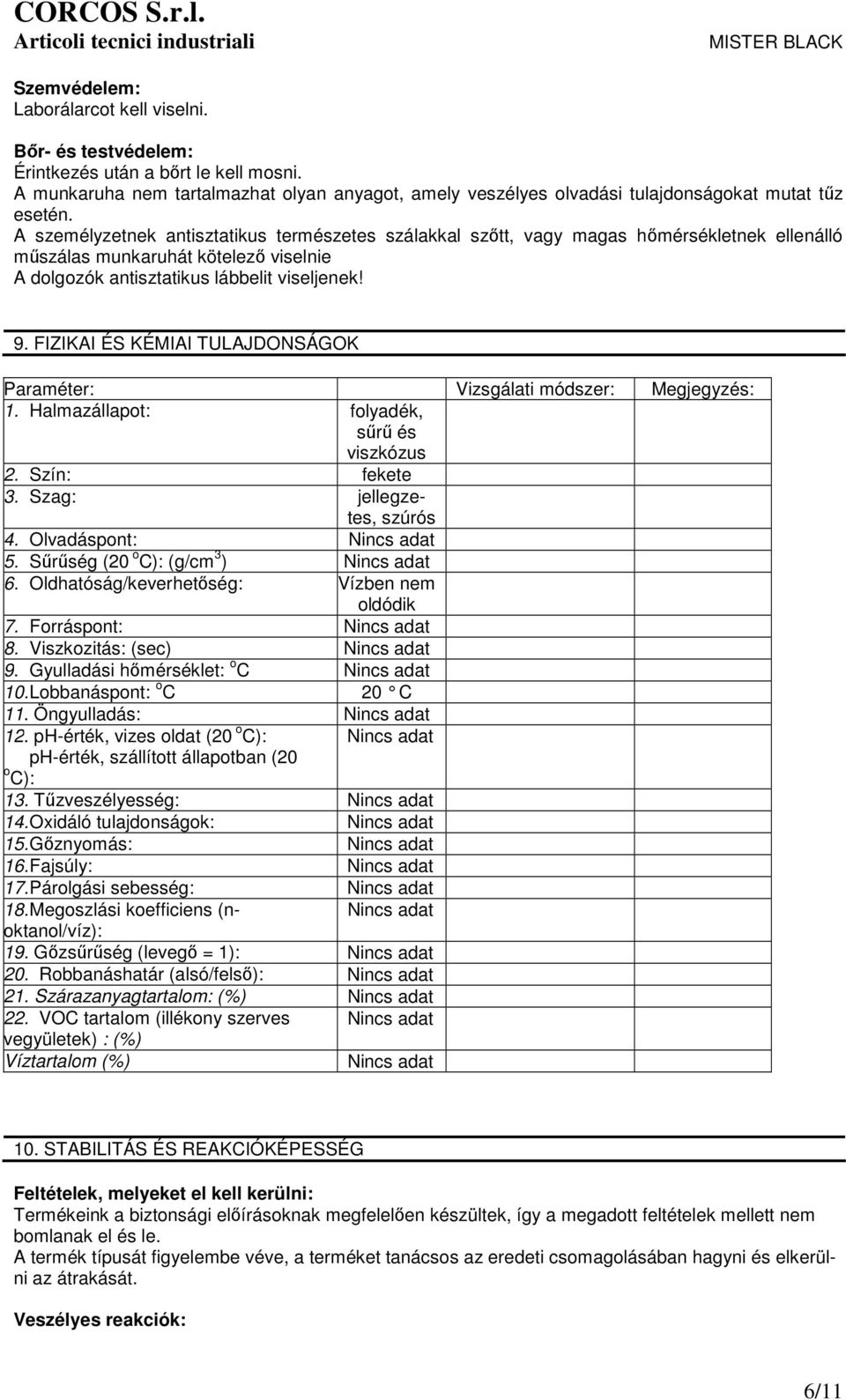 FIZIKAI ÉS KÉMIAI TULAJDONSÁGOK Paraméter: Vizsgálati módszer: Megjegyzés: 1. Halmazállapot: folyadék, sűrű és viszkózus 2. Szín: fekete 3. Szag: jellegzetes, szúrós 4. Olvadáspont: Nincs adat 5.