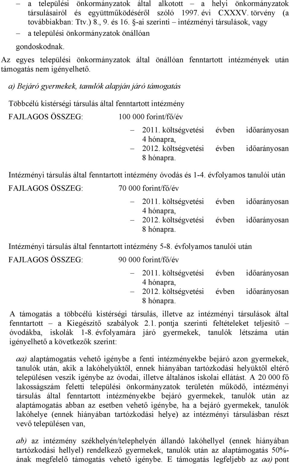 a) Bejáró gyermekek, tanulók alapján járó támogatás Többcélú kistérségi társulás által fenntartott intézmény 100 000 forint/fő/év 2011. költségvetési évben időarányosan 4 hónapra, 2012.