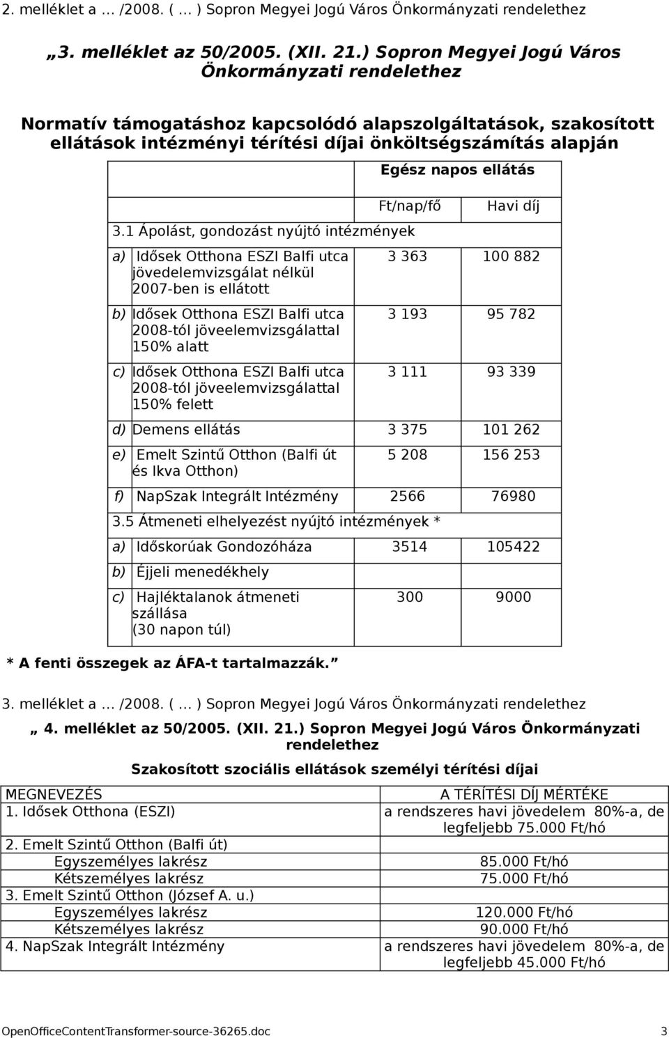 1 Ápolást, gondozást nyújtó intézmények a) Idősek Otthona ESZI Balfi utca jövedelemvizsgálat nélkül 2007-ben is ellátott b) Idősek Otthona ESZI Balfi utca 2008-tól jöveelemvizsgálattal 150% alatt c)