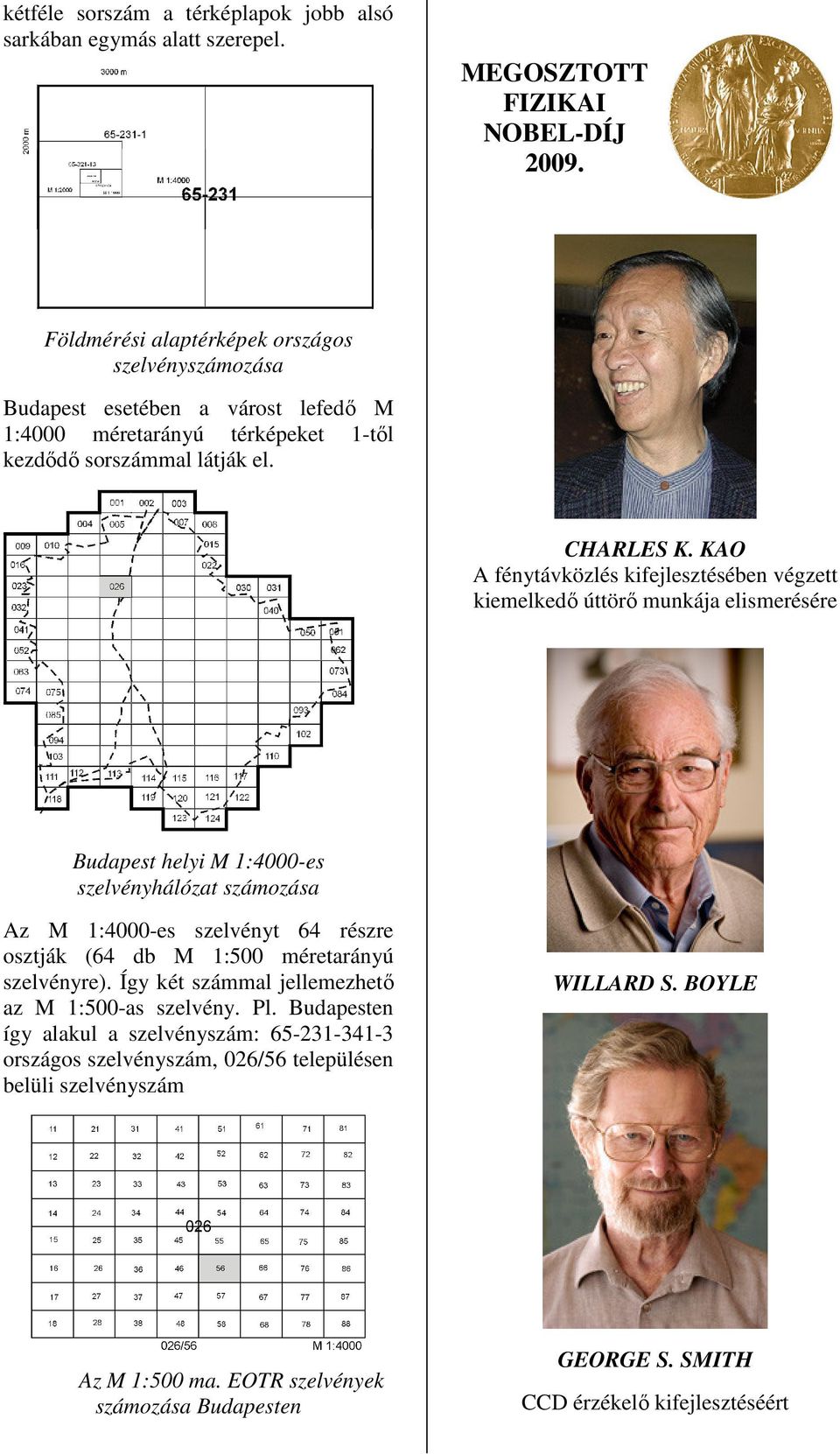 KAO A fénytávközlés kifejlesztésében végzett kiemelkedő úttörő munkája elismerésére Budapest helyi M 1:4000-es szelvényhálózat számozása Az M 1:4000-es szelvényt 64 részre osztják (64 db M